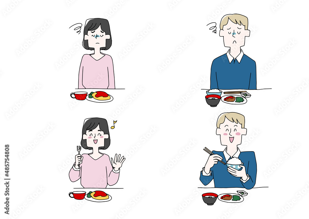 食事を摂っている人物のセット 健康と不健康 コミカルな手書きの人物イラスト 食事を摂っている人物のセット 健康と不健康 コミカルな手書きの人物イラスト