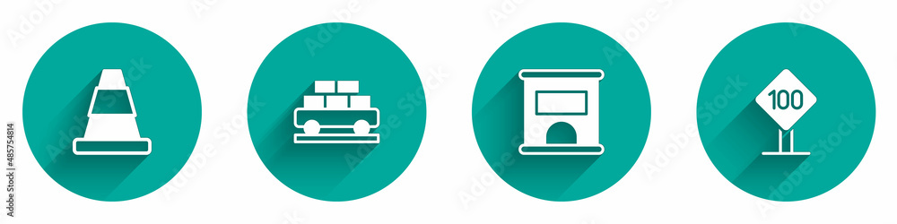 Set Traffic cone, Cargo train wagon, Ticket office to buy tickets and Speed limit traffic sign 100 km icon with long shadow. Vector Set Traffic cone, Cargo train wagon, Ticket office to buy tickets and Speed limit traffic sign 100 km icon with long shadow. Vector