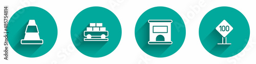 Set Traffic cone, Cargo train wagon, Ticket office to buy tickets and Speed limit traffic sign 100 km icon with long shadow. Vector