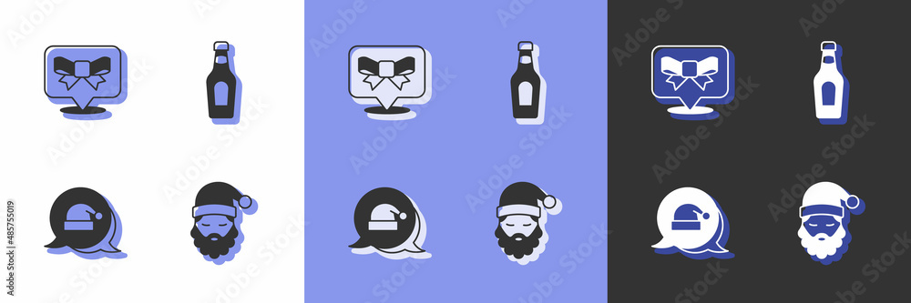 Set Santa Claus hat and beard, Gift bow, Christmas and Champagne bottle icon. Vector