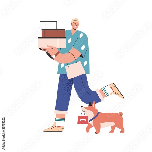 Man carrying boxes stack and bag after shopping. Happy shopper walking with d...