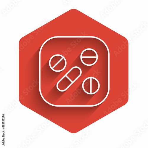 White line Medicine pill or tablet icon isolated with long shadow. Capsule pill and drug sign. Pharmacy design. Red hexagon button. Vector