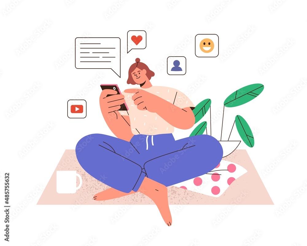 Obraz premium Woman with mobile phone, using social media and chatting online. Person with smartphone, surfing internet and texting, relaxing with cell at home. Flat vector illustration isolated on white background