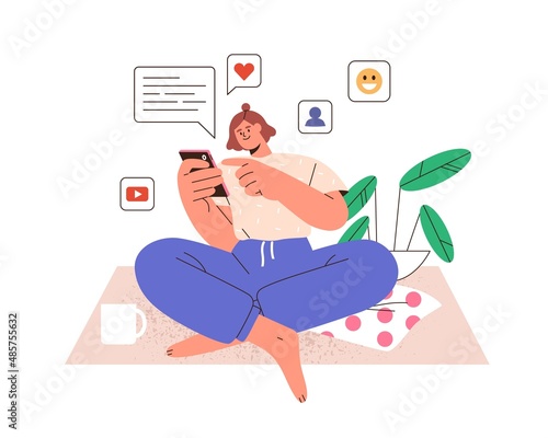 Woman with mobile phone, using social media and chatting online. Person with smartphone, surfing internet and texting, relaxing with cell at home. Flat vector illustration isolated on white background