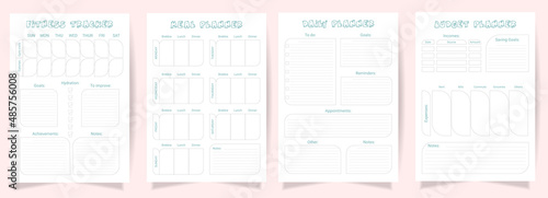 A set of organizer planners. Fitness tracker, meal planner, daily planner, budget planner. A4 printable templates.