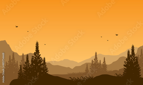 View of mountains with the forest at dusk from the out of the city