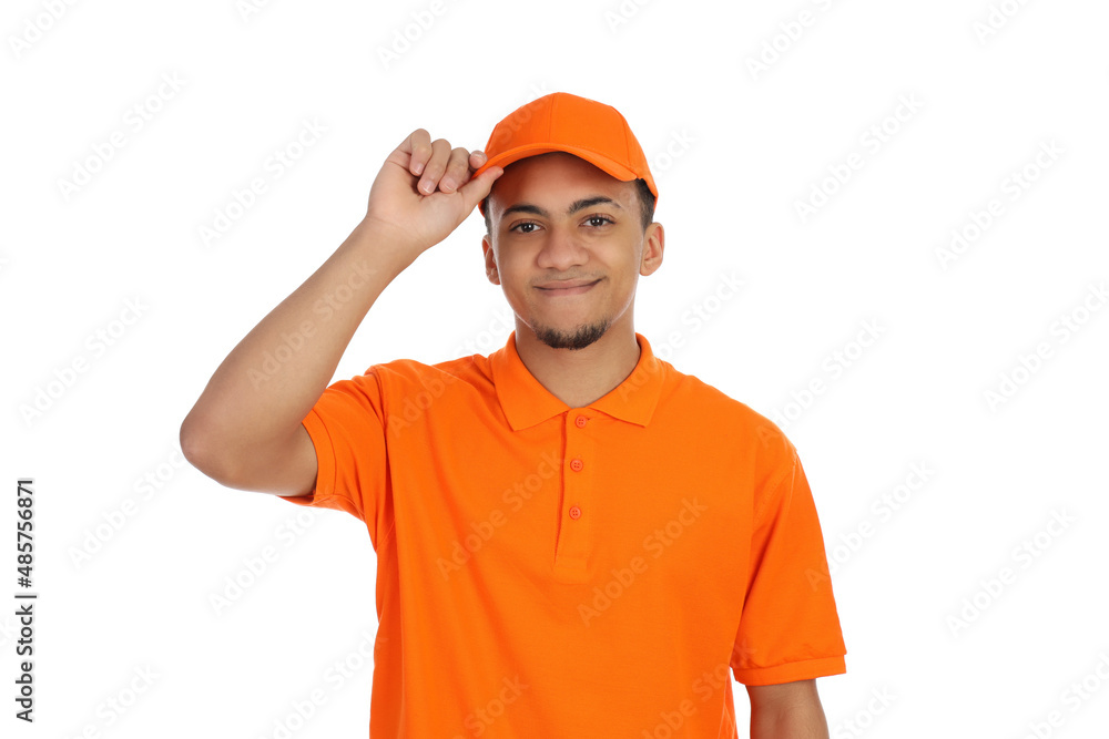 Young man in delivery uniform isolated on white background Young man in delivery uniform isolated on white background