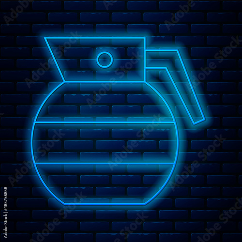 Glowing neon line Hand grenade icon isolated on brick wall background. Bomb explosion. Vector