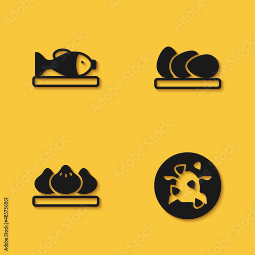 Set Served fish on a plate, Kung Pao chicken, Dumpling and Chicken egg icon with long shadow. Vector
