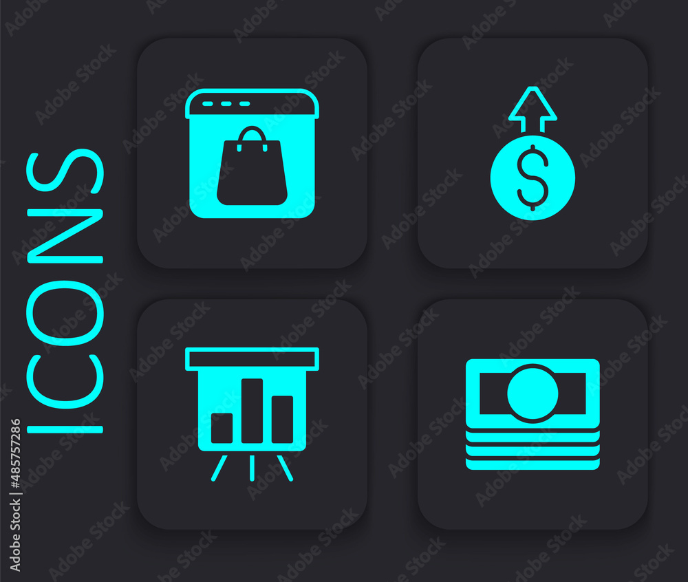 Set Stacks paper money cash, Online shopping screen, Financial growth dollar and Board with graph chart icon. Black square button. Vector Set Stacks paper money cash, Online shopping screen, Financial growth dollar and Board with graph chart icon. Black square button. Vector