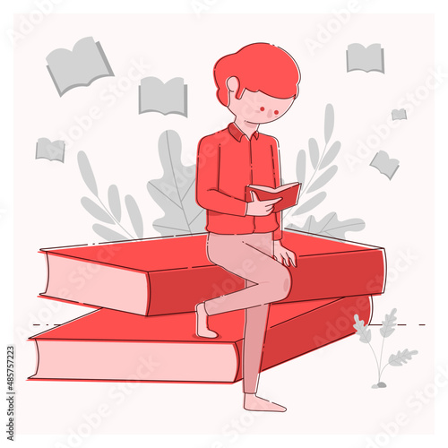 Un joven sentado leyó su libro, leyendo un montón de libros, estilo llano de un joven sentado en los libros mientras leía