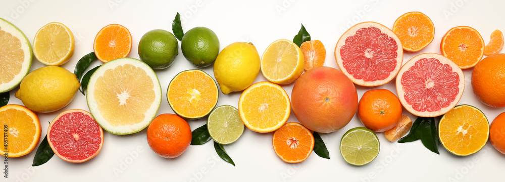 Different citrus fruits on white background, top view - obrazy, fototapety, plakaty 
