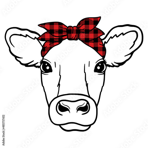 Cow head with buffalo plaid bandana. Farm Animal. Vector illustration isolated on white background. 