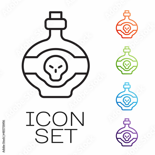 Black line Poison in bottle icon isolated on white background. Bottle of poison or poisonous chemical toxin. Set icons colorful. Vector
