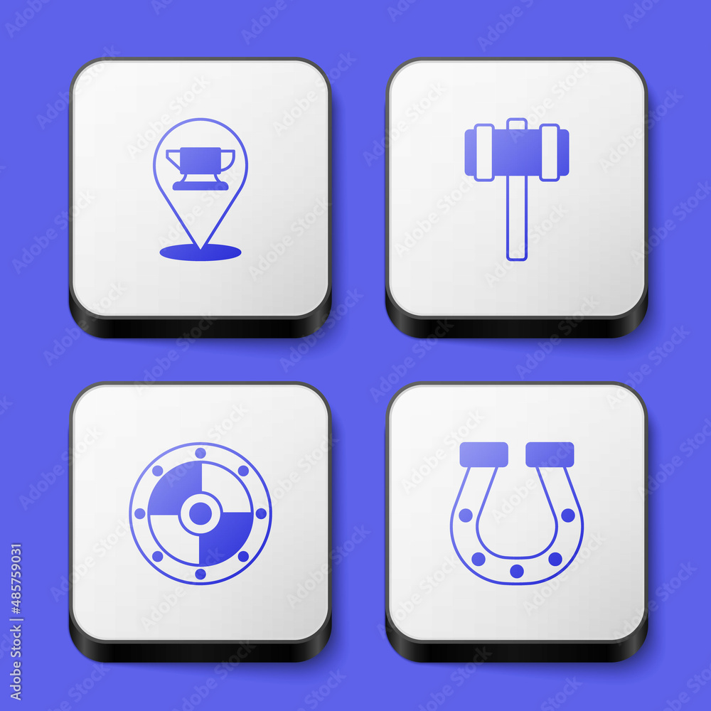 Set Blacksmith anvil tool, Sledgehammer, Round shield and Horseshoe icon. White square button. Vector Set Blacksmith anvil tool, Sledgehammer, Round shield and Horseshoe icon. White square button. Vector