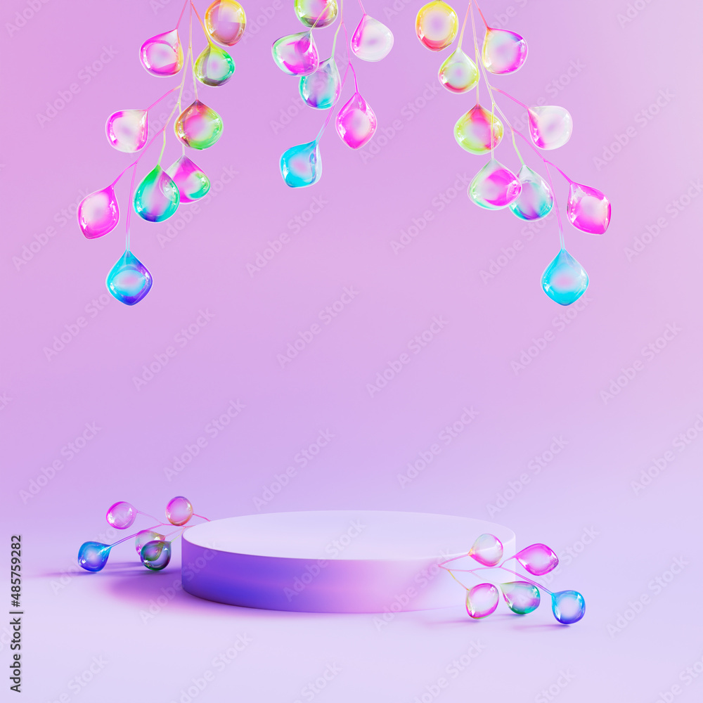 Violet podium for the demonstration of cosmetic products with beautiful glass flowers on a pink background 3d rendering Violet podium for the demonstration of cosmetic products with beautiful glass flowers on a pink background 3d rendering