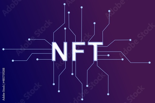 NFT non fungible token infographic with lines and dots network on dark background. Pay for unique collectibles in games or art. Flat vector illustration of NFT with blockchain technology for banner.