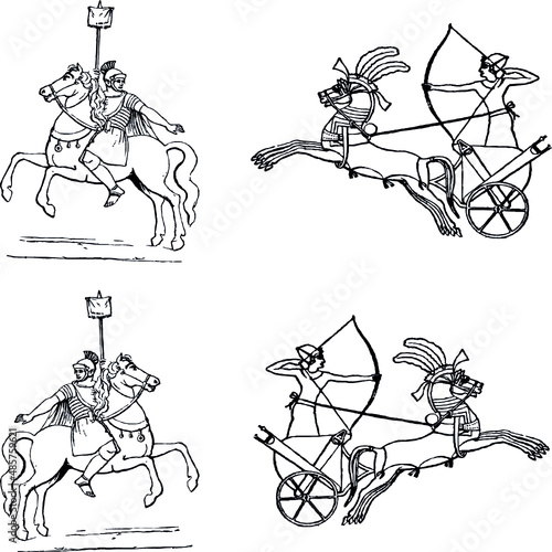 Skatch Ancient War Riders with a Knight and with a archer. Ancient Egyptian war chariot in battle with archer and driver. illustration.