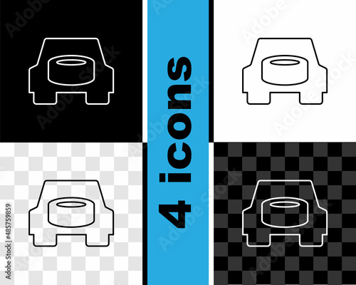 Set line Spare wheel in the car icon isolated on black and white, transparent background. Process of replacing the wheel. Storage location of the spare wheel in the trunk. Vector