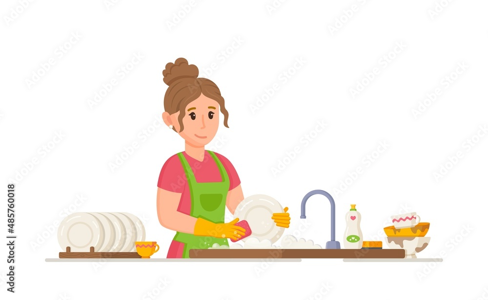 Vector illustration of housewife washing dishes. Housewife washing dishes in the kitchen in a good mood. Vector illustration of housewife washing dishes. Housewife washing dishes in the kitchen in a good mood.