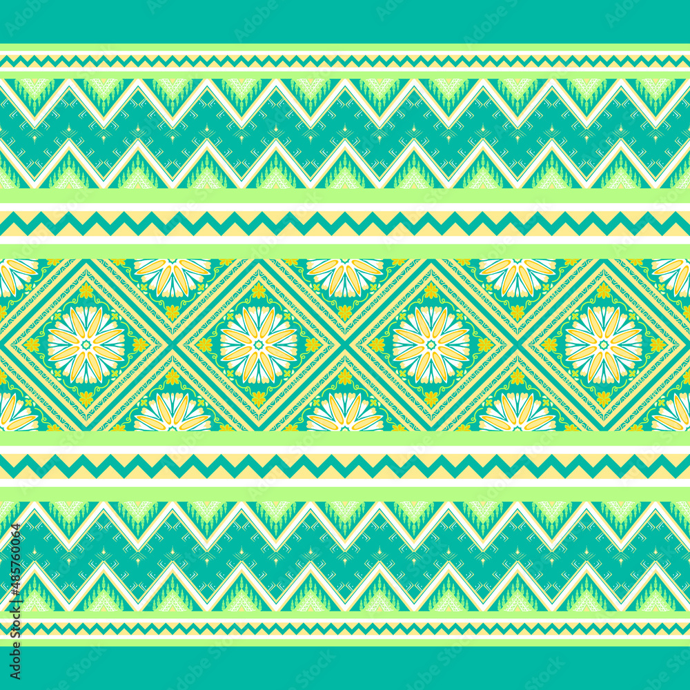 Yellow, White, Green on Teal. Geometric ethnic oriental pattern traditional Design for background,carpet,wallpaper,clothing,wrapping,Batik,fabric, illustration embroidery style Yellow, White, Green on Teal. Geometric ethnic oriental pattern traditional Design for background,carpet,wallpaper,clothing,wrapping,Batik,fabric, illustration embroidery style