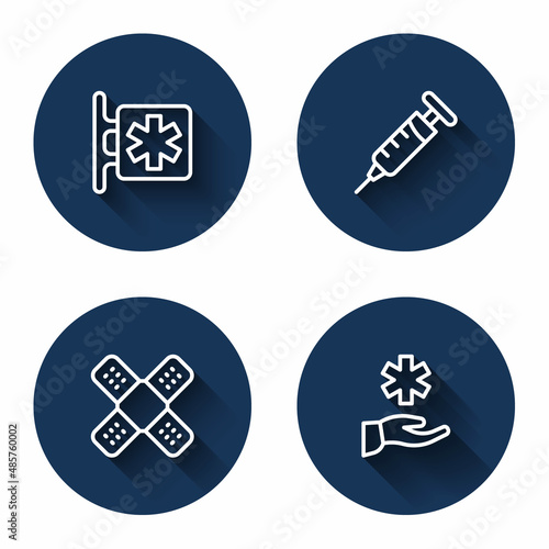 Set line Emergency - Star of Life, Syringe, Crossed bandage plaster and hospital medical with long shadow. Blue circle button. Vector
