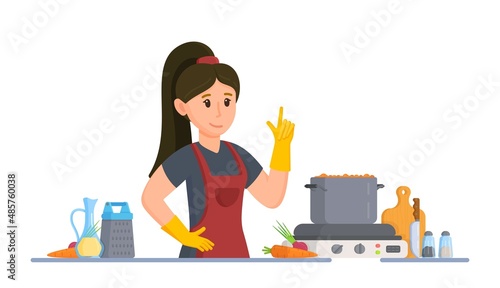 Vector illustration of housewife. A girl making soup in the kitchen. Food at home. 
