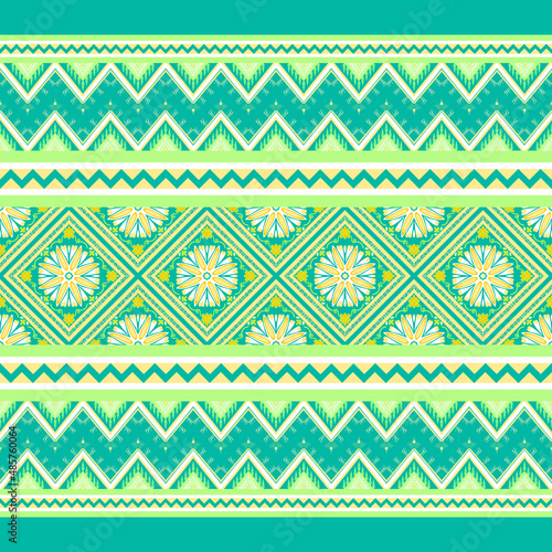 Yellow, White, Green on Teal. Geometric ethnic oriental pattern traditional Design for background,carpet,wallpaper,clothing,wrapping,Batik,fabric, illustration embroidery style