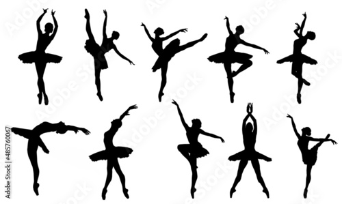 Ballerina Silhouette over White Studio Background. Set of Vector Classic Ballet Dancing Girl in Tutu Skirt. Isolated Woman Dancer Black Shape Poses in different Positions