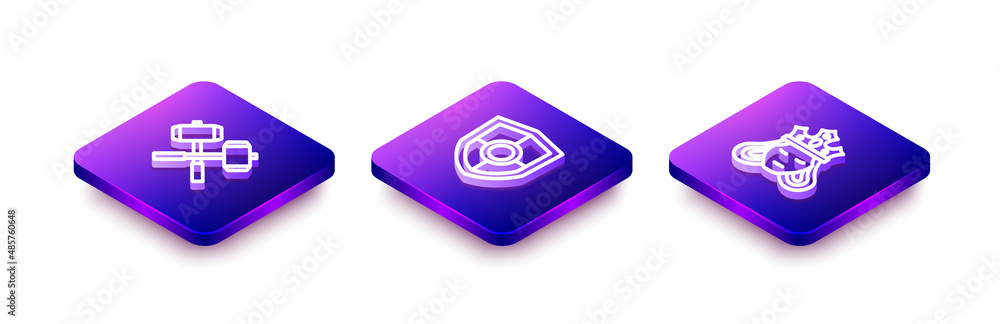 Set Isometric line Crossed battle hammers, Shield and Princess or queen icon. Vector Set Isometric line Crossed battle hammers, Shield and Princess or queen icon. Vector