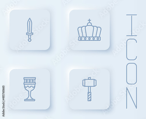 Set line Medieval sword, King crown, goblet and Battle hammer. White square button. Vector