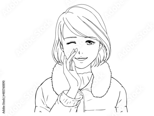 ダウンコートを着る女性②内緒話_線画