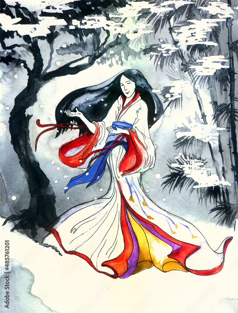 The work is done in watercolor on paper using the traditional technique. Imitation of Japanese traditional painting. Deity of 