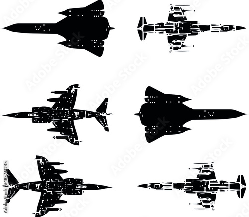 Outline vector drawing with Different airplane, aircraft, Aeroplan and War military Helicopter Icons vector illustration.
