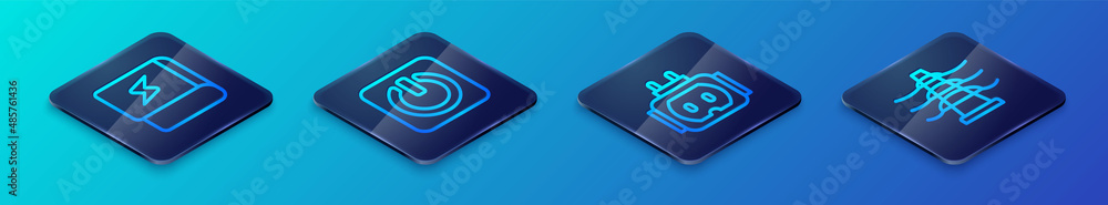 Set Isometric line Tee plug electric, Book about electricity, Electric tower line and Power button icon. Vector Set Isometric line Tee plug electric, Book about electricity, Electric tower line and Power button icon. Vector