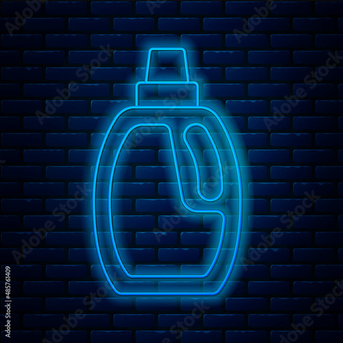 Glowing neon line Plastic bottle for laundry detergent, bleach, dishwashing liquid or another cleaning agent icon isolated on brick wall background. Vector