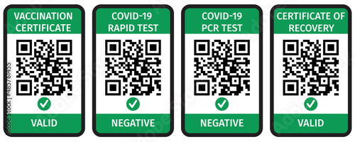 The digital green pass with QR code on mobile phone screen with check mark. Health certificate app with on-line tracking coronavirus infection for tourism. COVID-19 Coronavirus health passport.