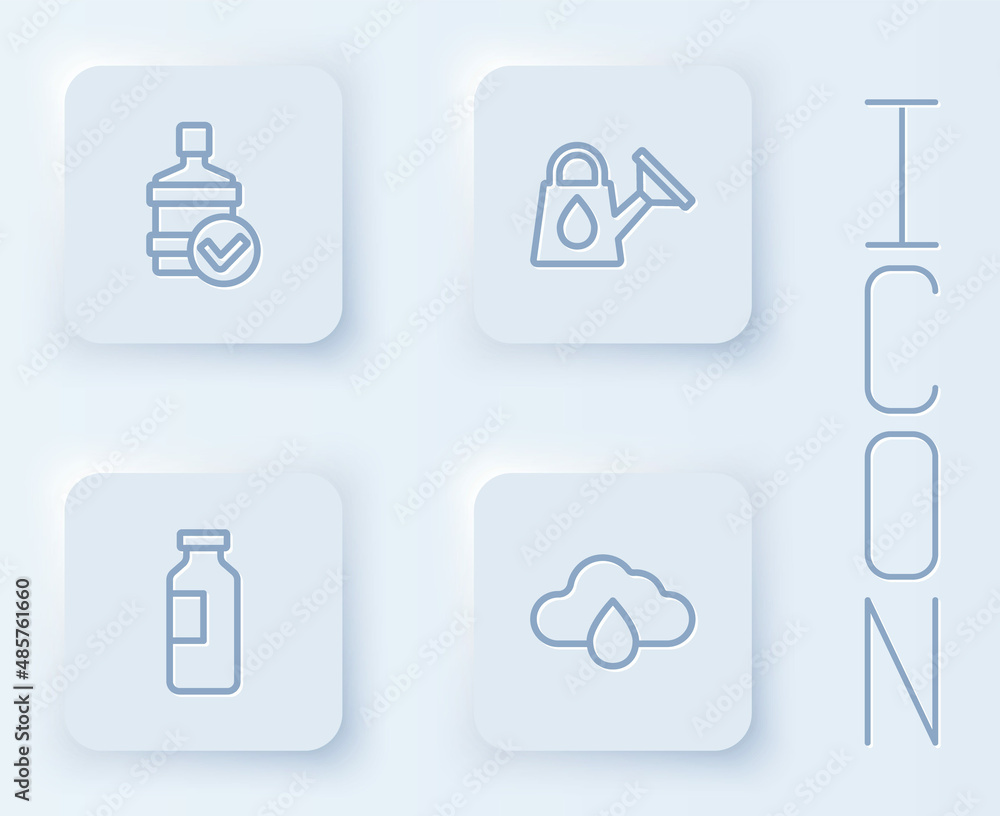 Set line Big bottle with clean water, Watering can, Bottle of and Cloud rain. White square button. Vector Set line Big bottle with clean water, Watering can, Bottle of and Cloud rain. White square button. Vector