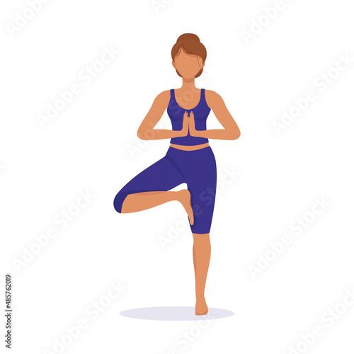 Girl does yoga, stands in the pose of a tree. Vector illustration of sports and healthy lifestyle. Ancient Indian practice of spiritual development, health and harmony.