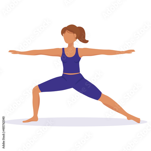 Girl does yoga, stands in the warrior pose. Vector illustration of sports and healthy lifestyle. Ancient Indian practice of spiritual development, health and harmony.
