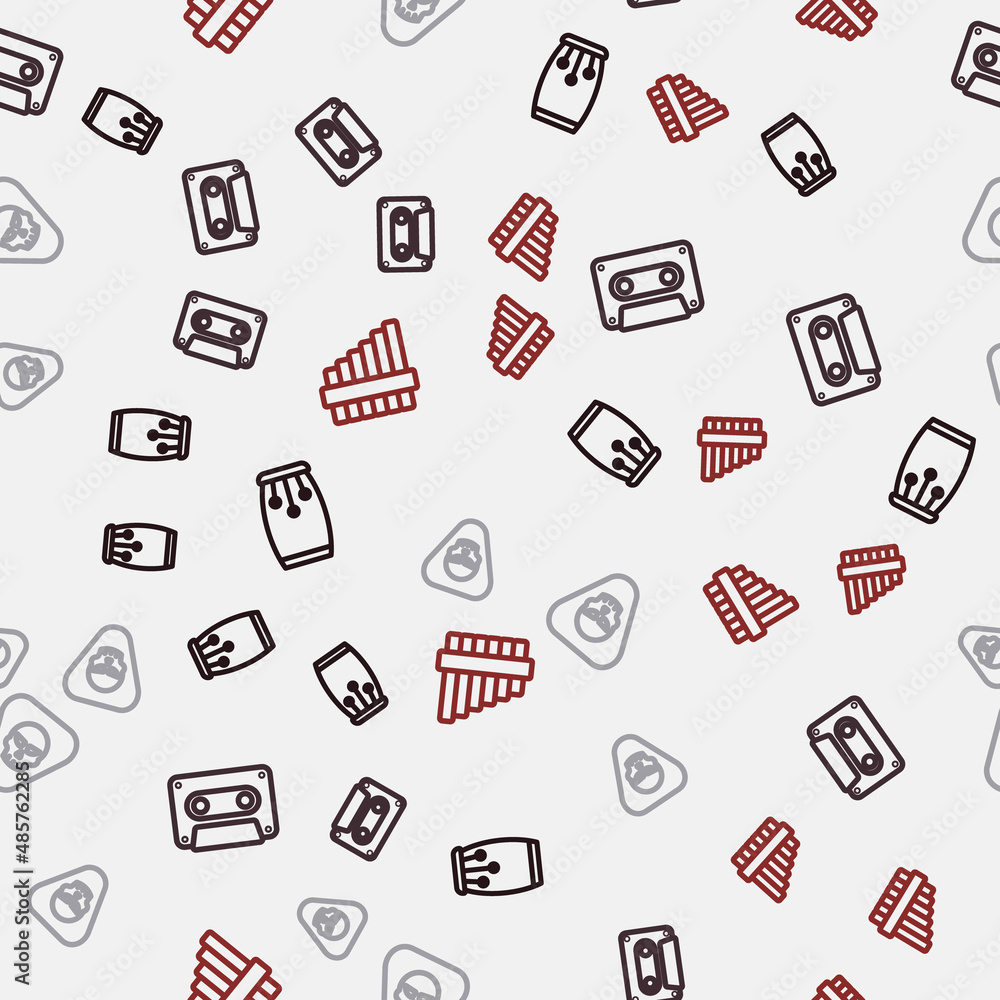 Set line Conga drums, Retro audio cassette tape, Guitar pick and Pan flute on seamless pattern. Vector Set line Conga drums, Retro audio cassette tape, Guitar pick and Pan flute on seamless pattern. Vector