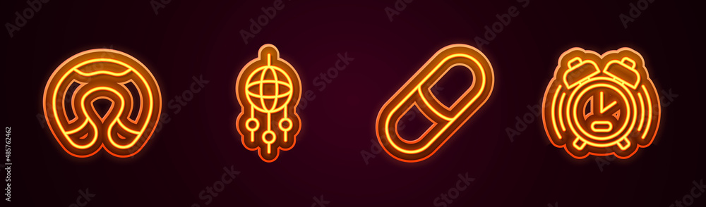 Set line Travel neck pillow, Dream catcher with feathers, Sleeping and Alarm clock. Glowing neon icon. Vector Set line Travel neck pillow, Dream catcher with feathers, Sleeping and Alarm clock. Glowing neon icon. Vector