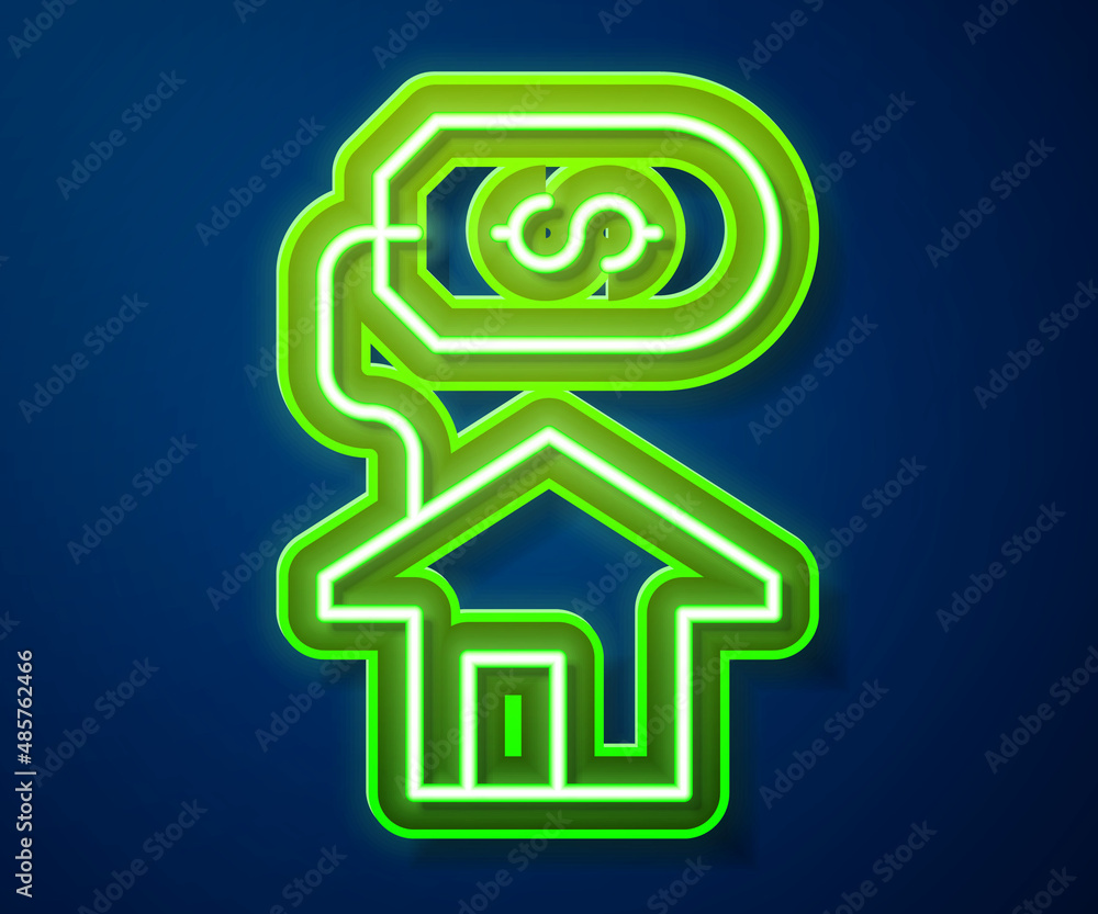 Glowing neon line House with dollar symbol icon isolated on blue background. Home and money. Real estate concept. Vector Glowing neon line House with dollar symbol icon isolated on blue background. Home and money. Real estate concept. Vector