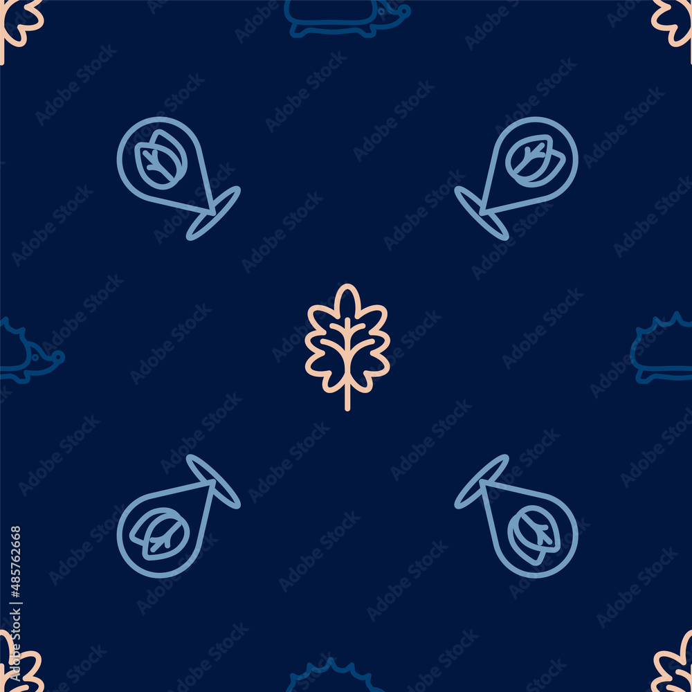 Set line Hedgehog, Location with leaf and Leaf on seamless pattern. Vector Set line Hedgehog, Location with leaf and Leaf on seamless pattern. Vector