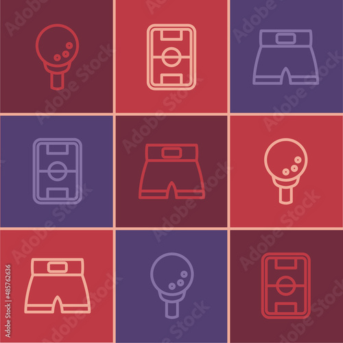 Set line Golf ball on tee, Boxing short and Football field icon. Vector
