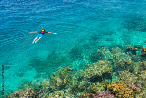 Snorkeling at Twin Beach, a tropical, white sandy beach near Padang in West Sumatra, Indonesia, Asia, background with copy space