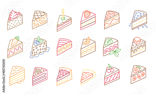 Pieces of cakes set. Isometric view. Editable stroke size. Line vector icon.