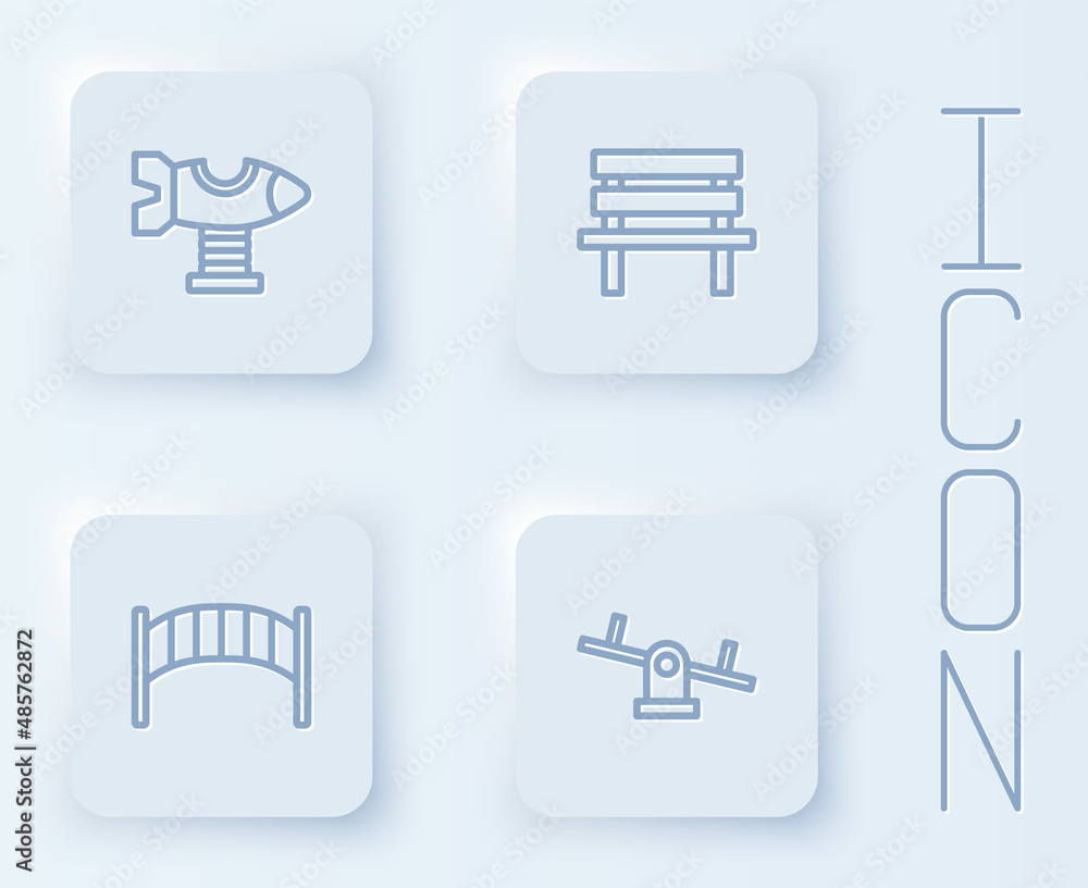Set line Swing plane, Bench, Playground kids bridge and Seesaw. White square button. Vector Set line Swing plane, Bench, Playground kids bridge and Seesaw. White square button. Vector
