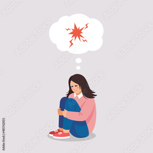 Angry tired girl suffers of stress, anger, depressive disorder. Vector illustration of mental problems