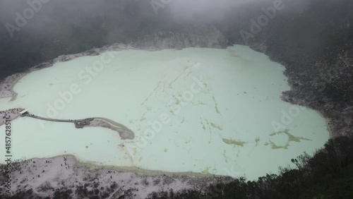 Aerial view of white crater, bandung, Indonesia with foggy weather